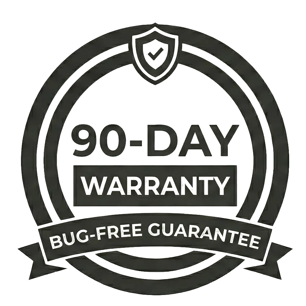 90-Day Bug-Free Code Warranty Seal – guaranteeing enterprise-grade quality and post-launch support for our Flutter App Development clients.