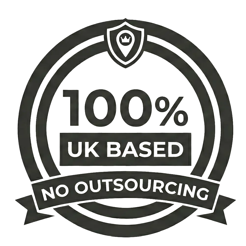 100% UK-Based In-House Team Badge – guaranteeing local accountability, clear communication, and no outsourcing for critical Flutter App Development projects.