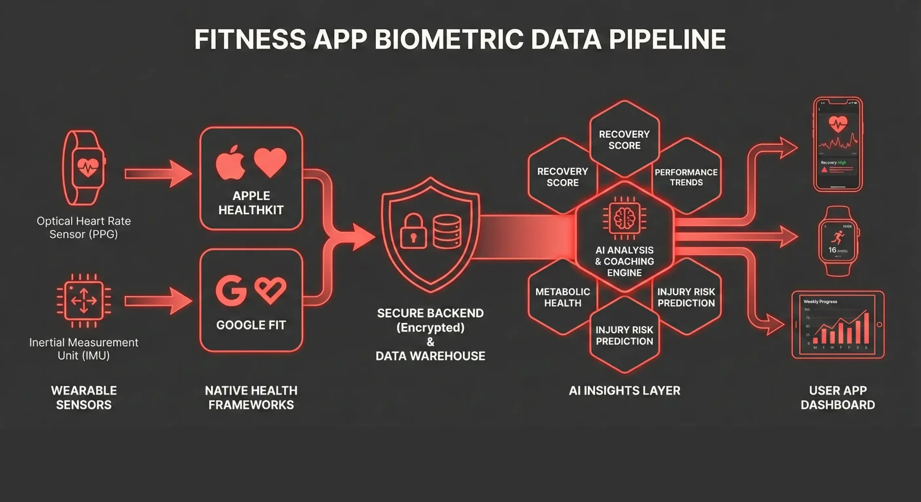 Technical architecture for fitness apps showing biometric data flow from sensors to Apple HealthKit, Google Fit, and secure cloud processing.