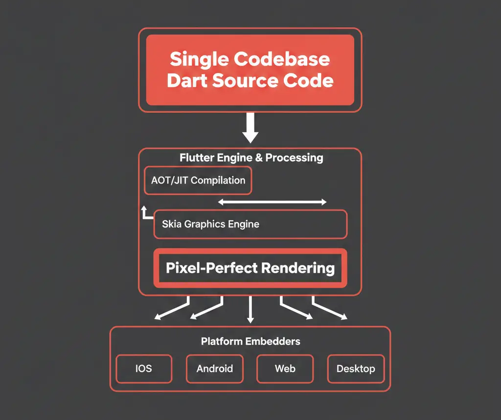 Flutter application architecture showing Dart code compilation, the Skia graphics engine, and platform-specific embedders that enable deployment to iOS, Android, web, and desktop from a single codebase.