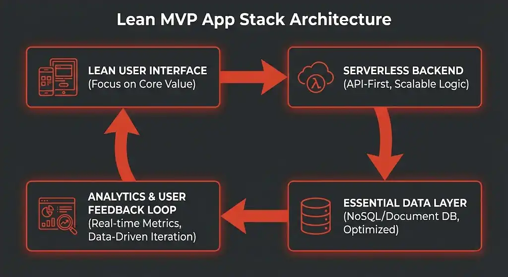 Technical architecture diagram of a lean MVP application stack showing core UI layers, serverless logic, essential data persistence, and integrated user feedback loops.