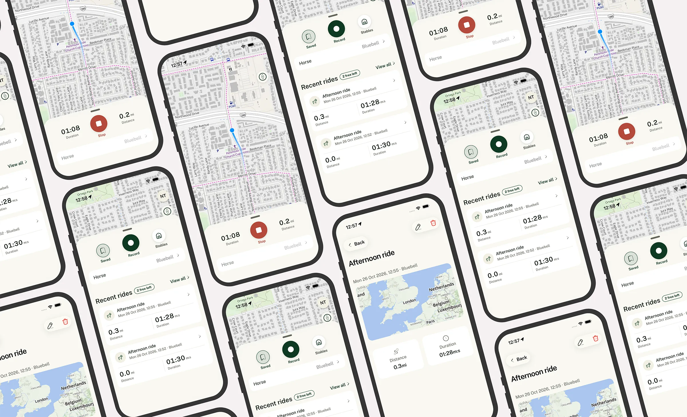 V2Maps - V2Maps app on iPhone and Android: live map with a nearby horse rider alert and a recorded ride with route, time and distance